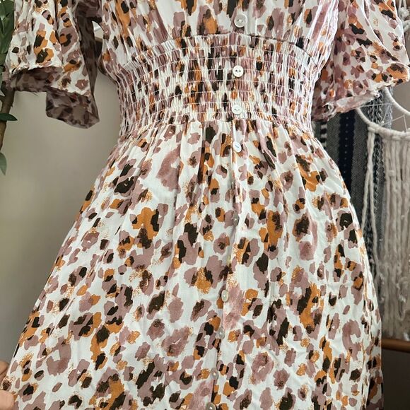 Lola Grace Pink Orange Leopard Print Button Down Smocked Flutter Sleeve Dress - Picture 4 of 10